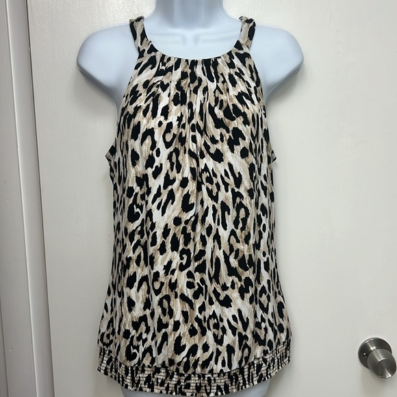 White House Black Market Tops - WHBM sleeveless leopard print top, pleated neckline, elastic waistband, Sz M